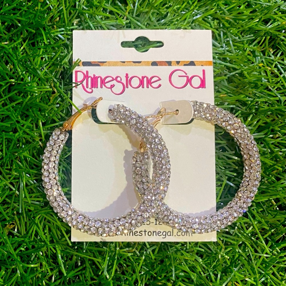 BRAND NEW WITH TAGS Clear Crystal Rhinestone Hoop Earrings – 2.5"